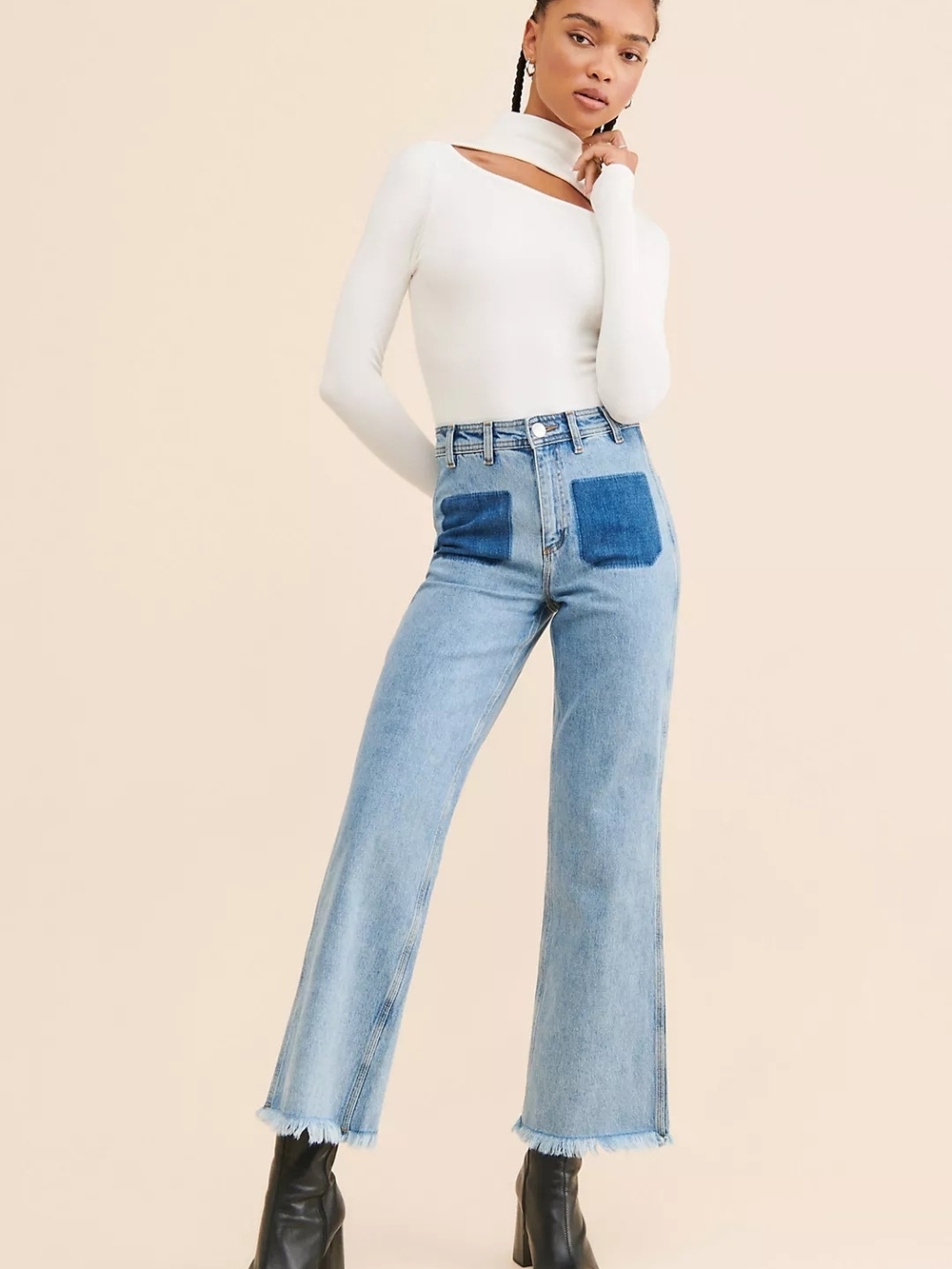Anthropologie Seventy Mochi Mabel Patch Pocket Jeans 29 Frayed Hem Wide Leg Nwot